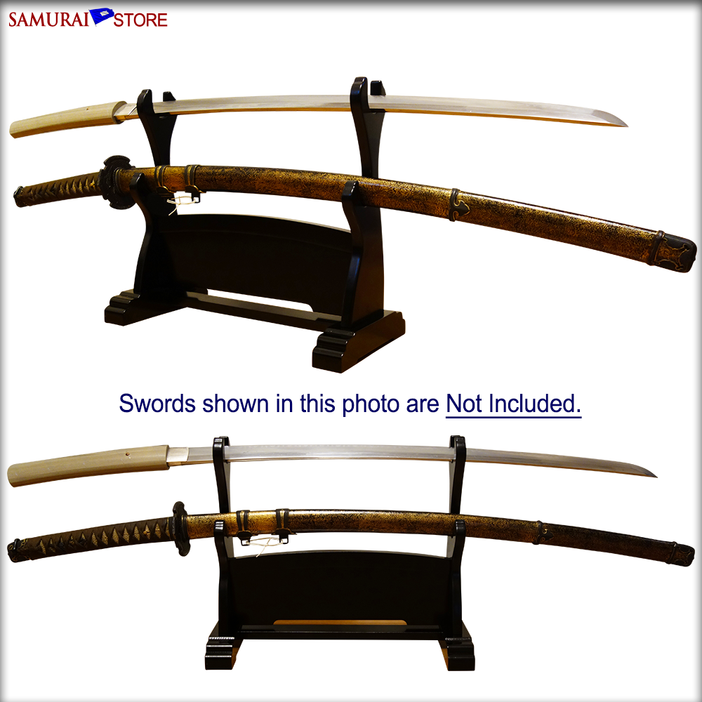 黒色の刀2本とスタンド 本格 刀掛台 横二本掛 純国産 - サムライストア SAMURAI STORE